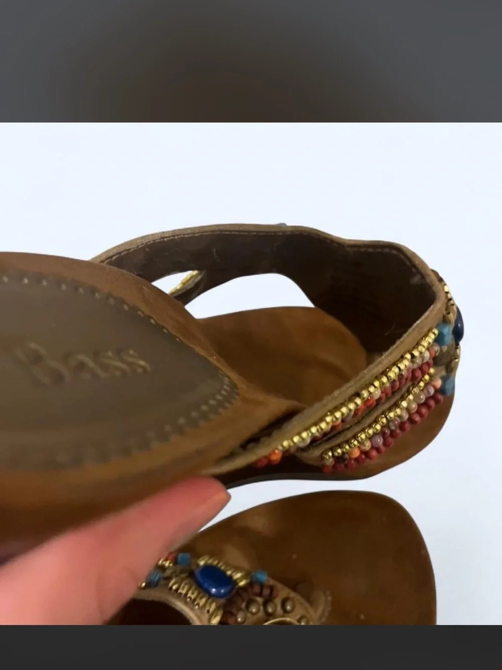 Bass Brown Beaded Suede Wedge Sandals